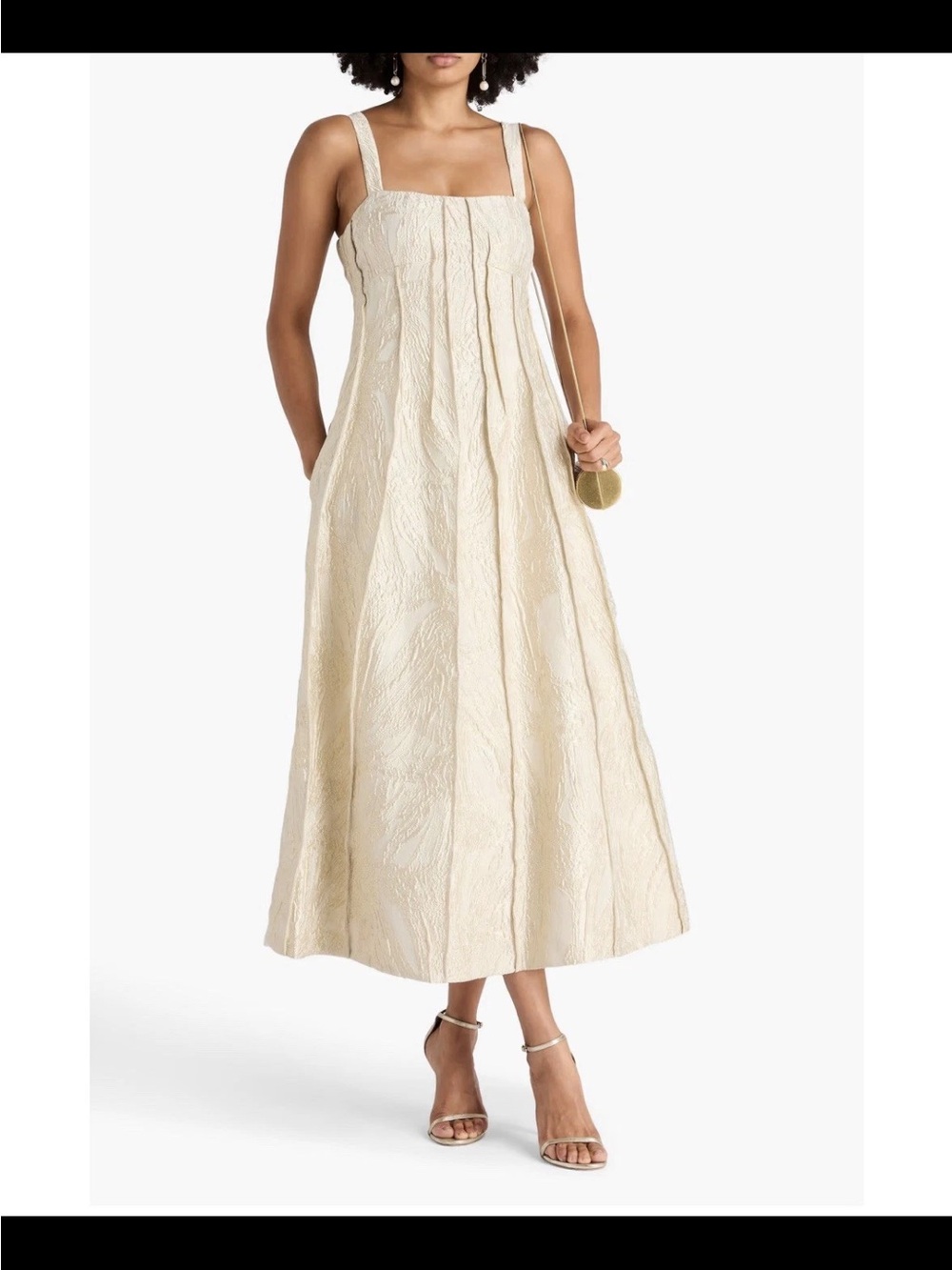 SIMKHAI Maya Pintucked Metallic Cloque MIDI Dress in Cream